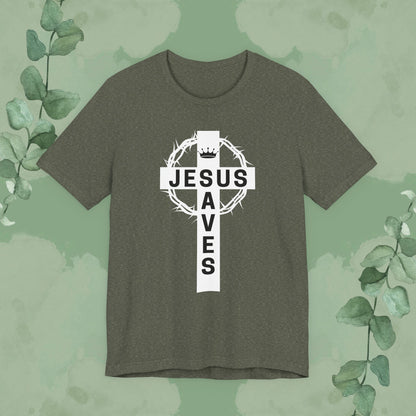 “Jesus Saves” Cross & Crown T-Shirt – Christian Message of Sacrifice and Victory