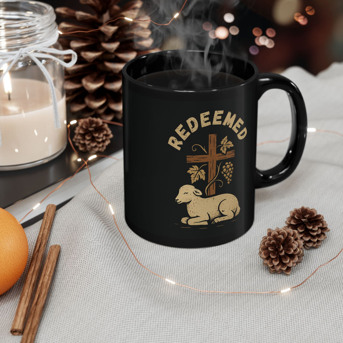 Christian mug with “Redeemed” faith design