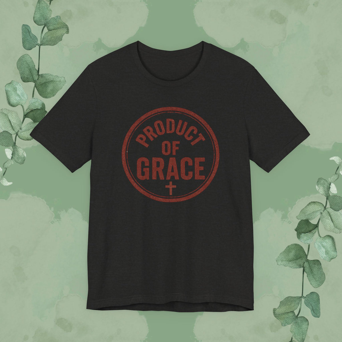 Black Christian T-shirt with “Product of Grace” design