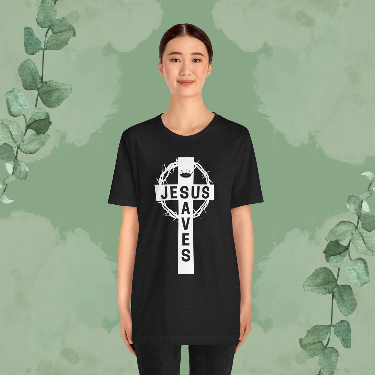 “Jesus Saves” Cross & Crown T-Shirt – Christian Message of Sacrifice and Victory