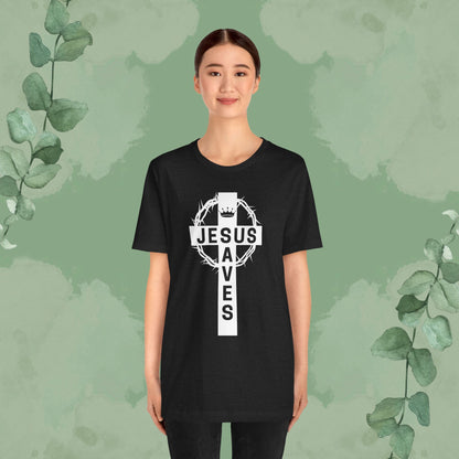 “Jesus Saves” Cross & Crown T-Shirt – Christian Message of Sacrifice and Victory