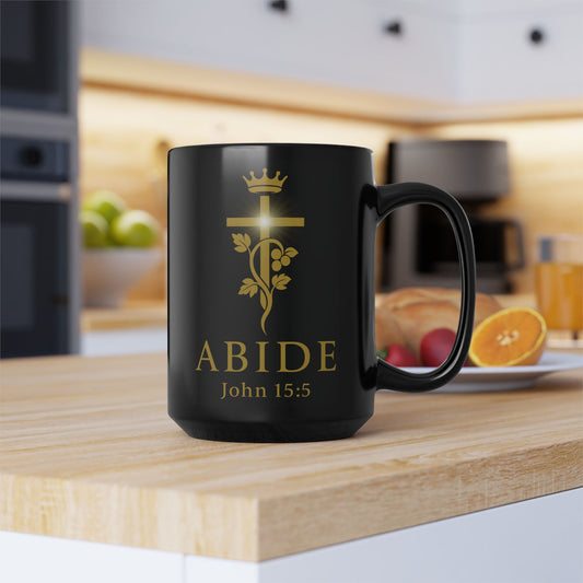 Black Christian mug with “Abide” John 15:5 faith design