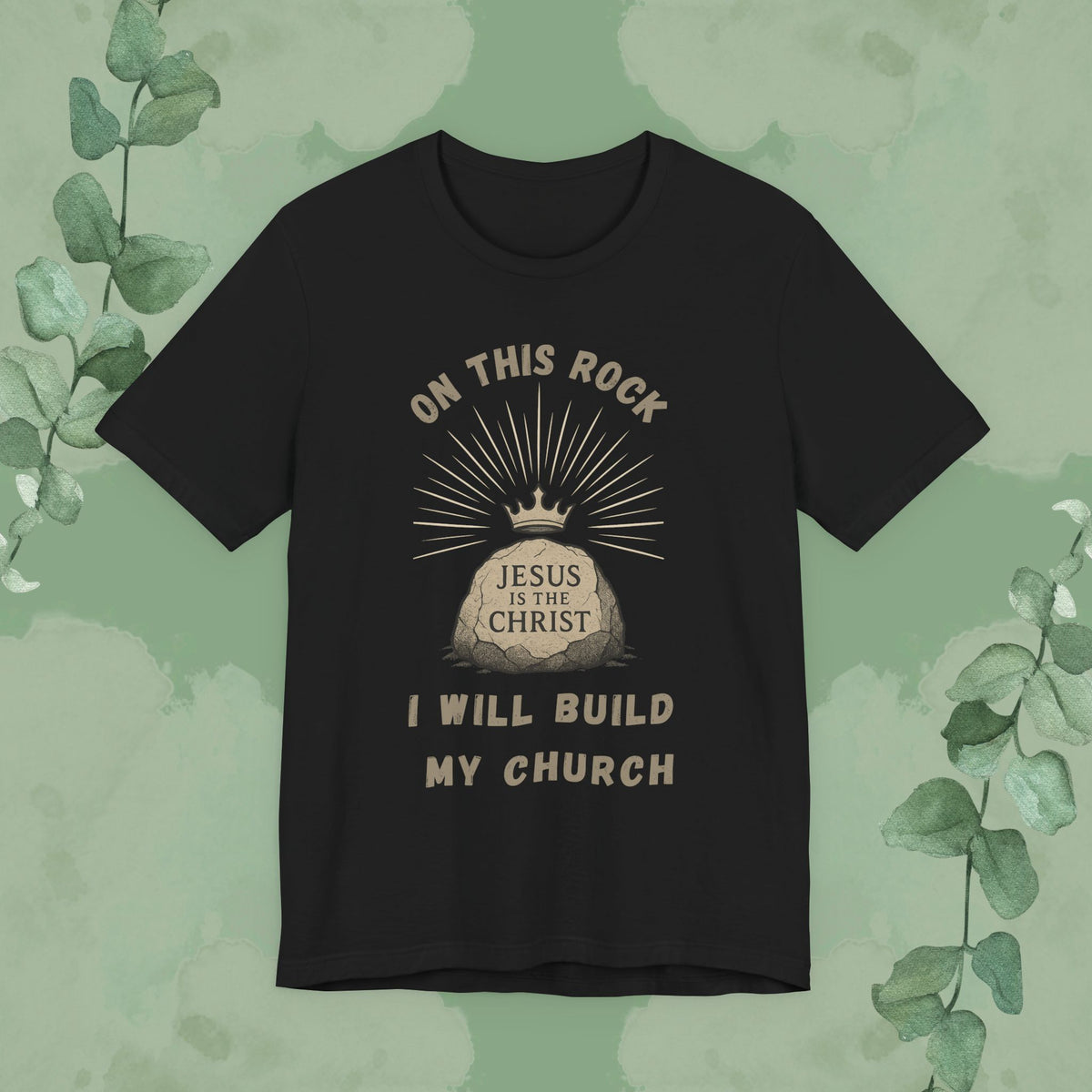 Christian T-shirt with “On This Rock” Matthew 16:18 bold faith front and back design