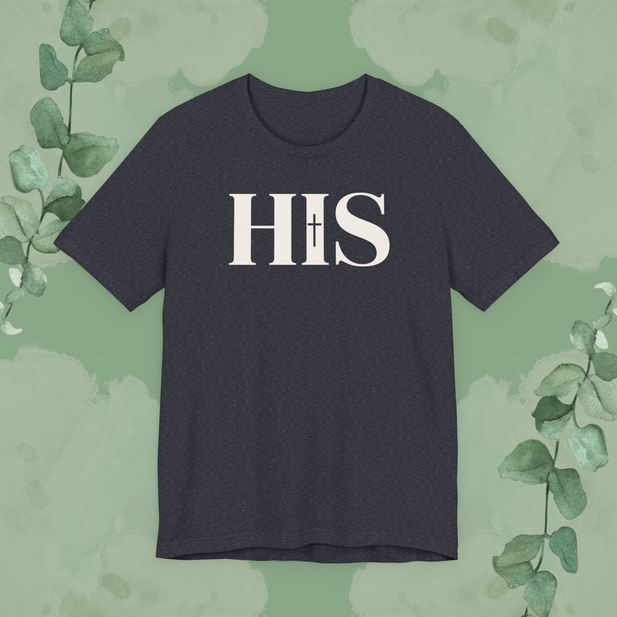 Heather navy Christian T-shirt with “HIS” cross design