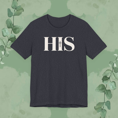Heather navy Christian T-shirt with “HIS” cross design
