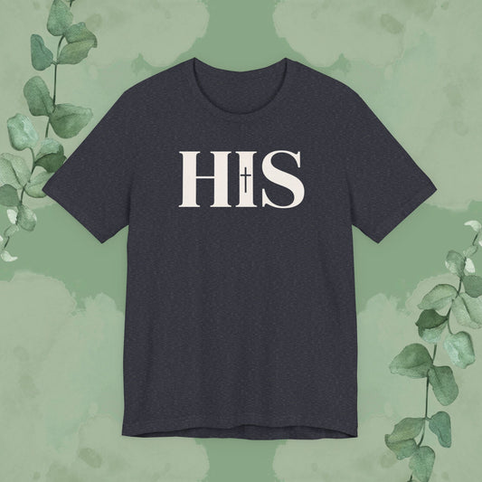 Heather navy Christian T-shirt with “HIS” cross design