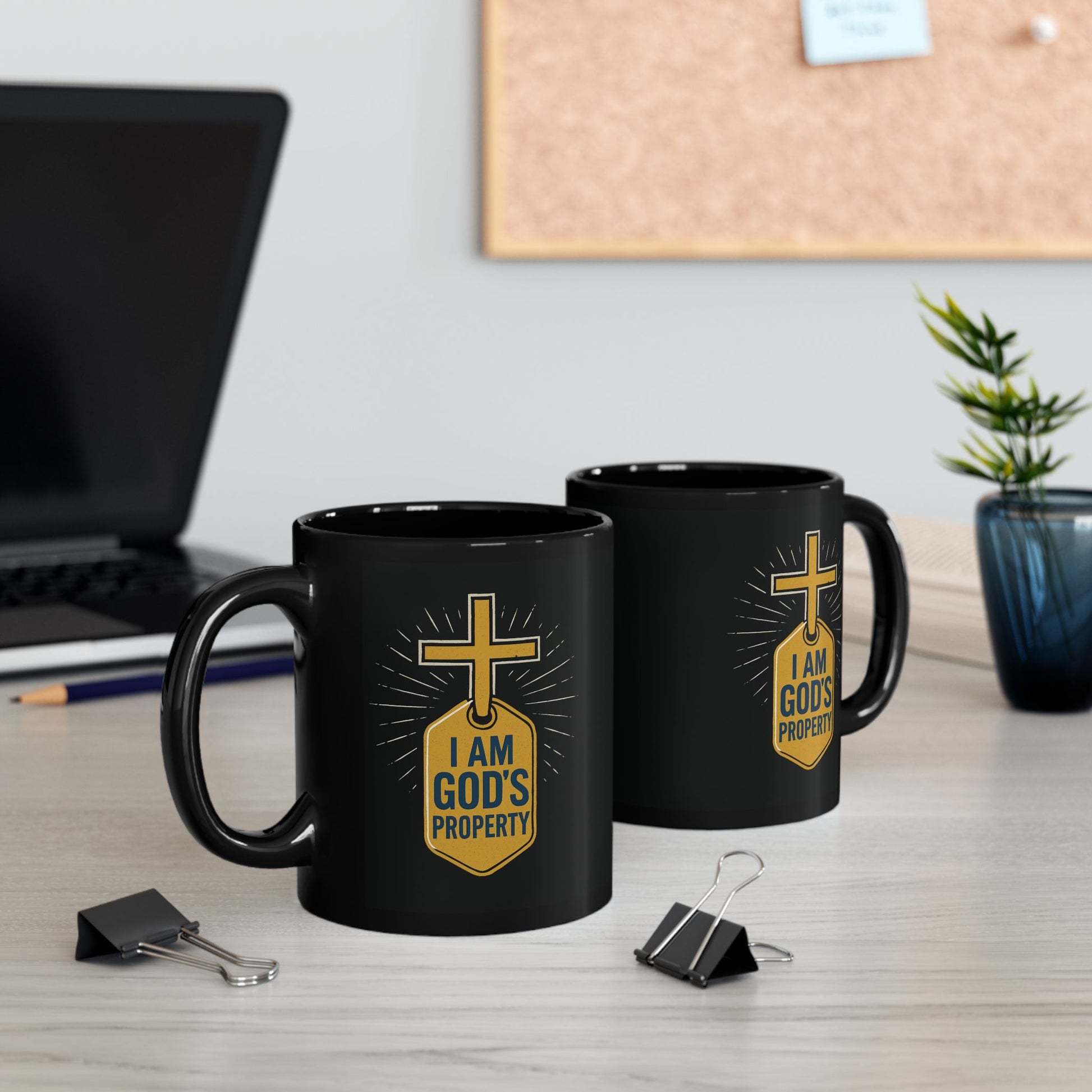 Black Christian mug with “I Am God’s Property” faith design