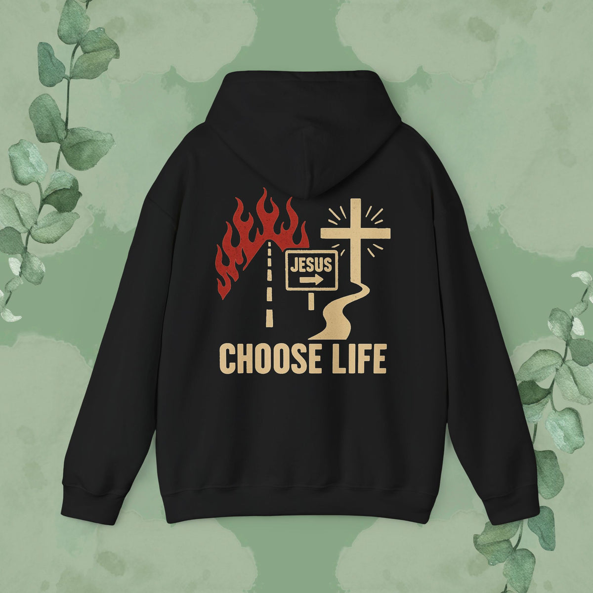 Black Christian hoodie with “Choose Life” faith-based design