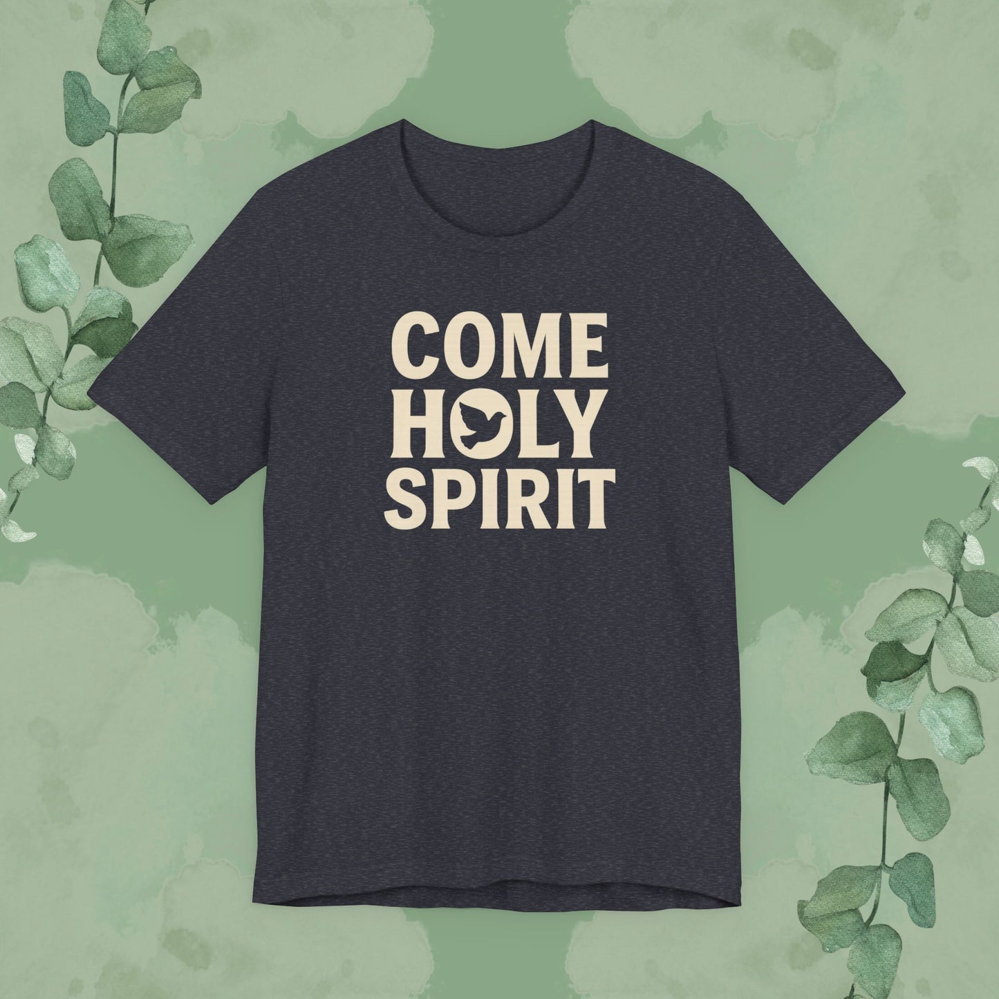 Heather Navy Christian T-shirt with “Come Holy Spirit” faith design