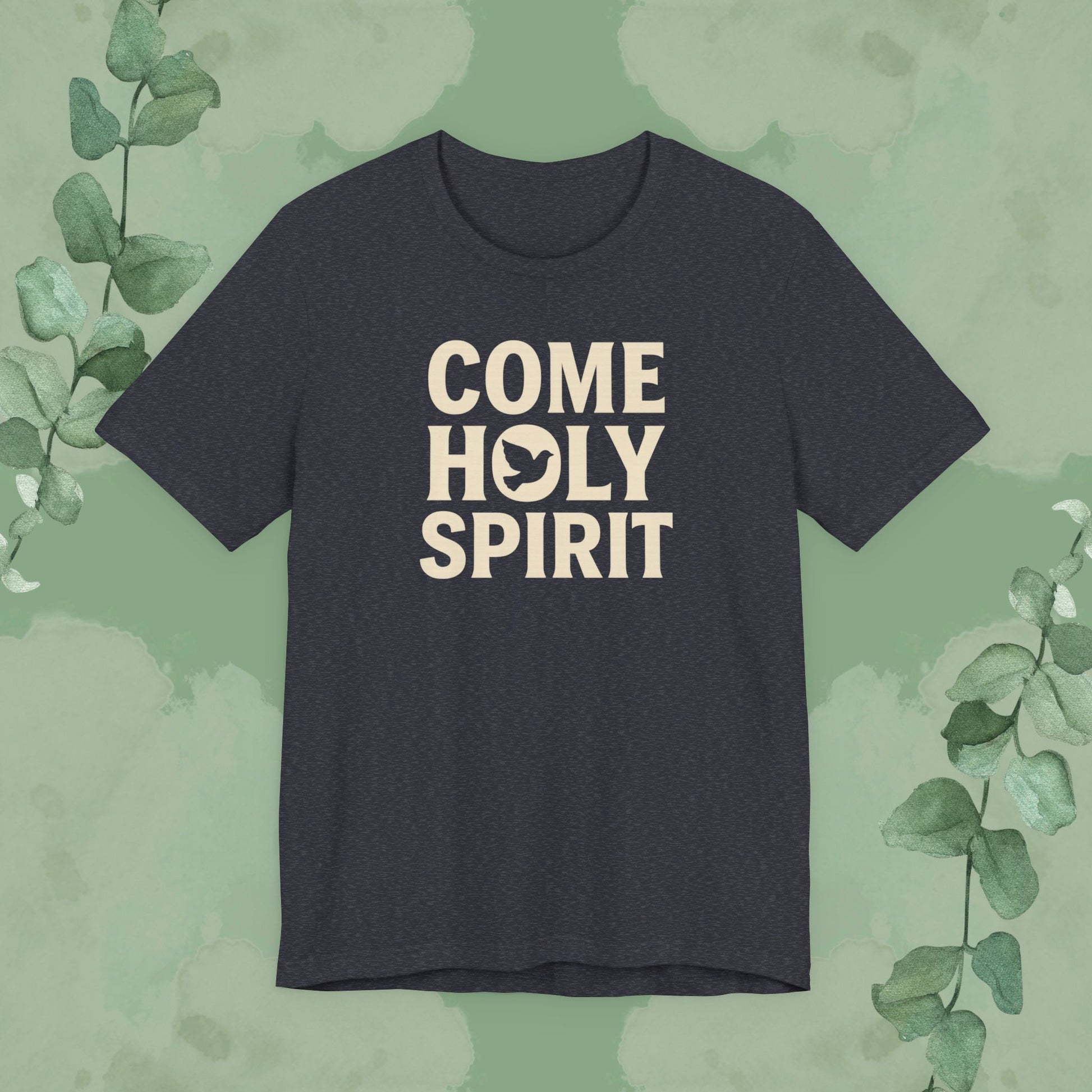 Heather Navy Christian T-shirt with “Come Holy Spirit” faith design