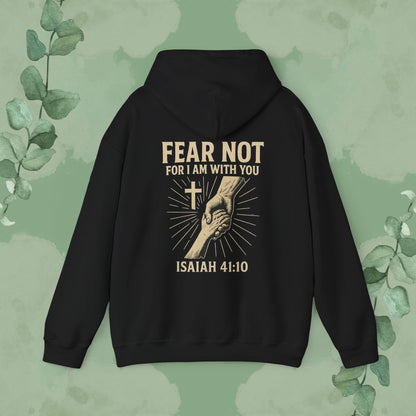 Black Christian hoodie with “Fear Not” Isaiah 41:10 design