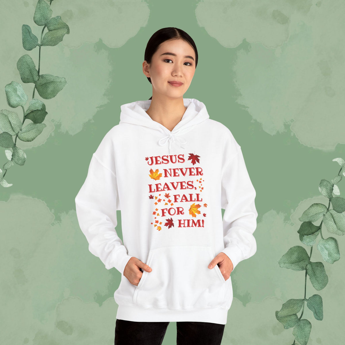 Jesus Never Leaves – Fall for Him! Christian Hoodie (Autumn Faith Apparel)