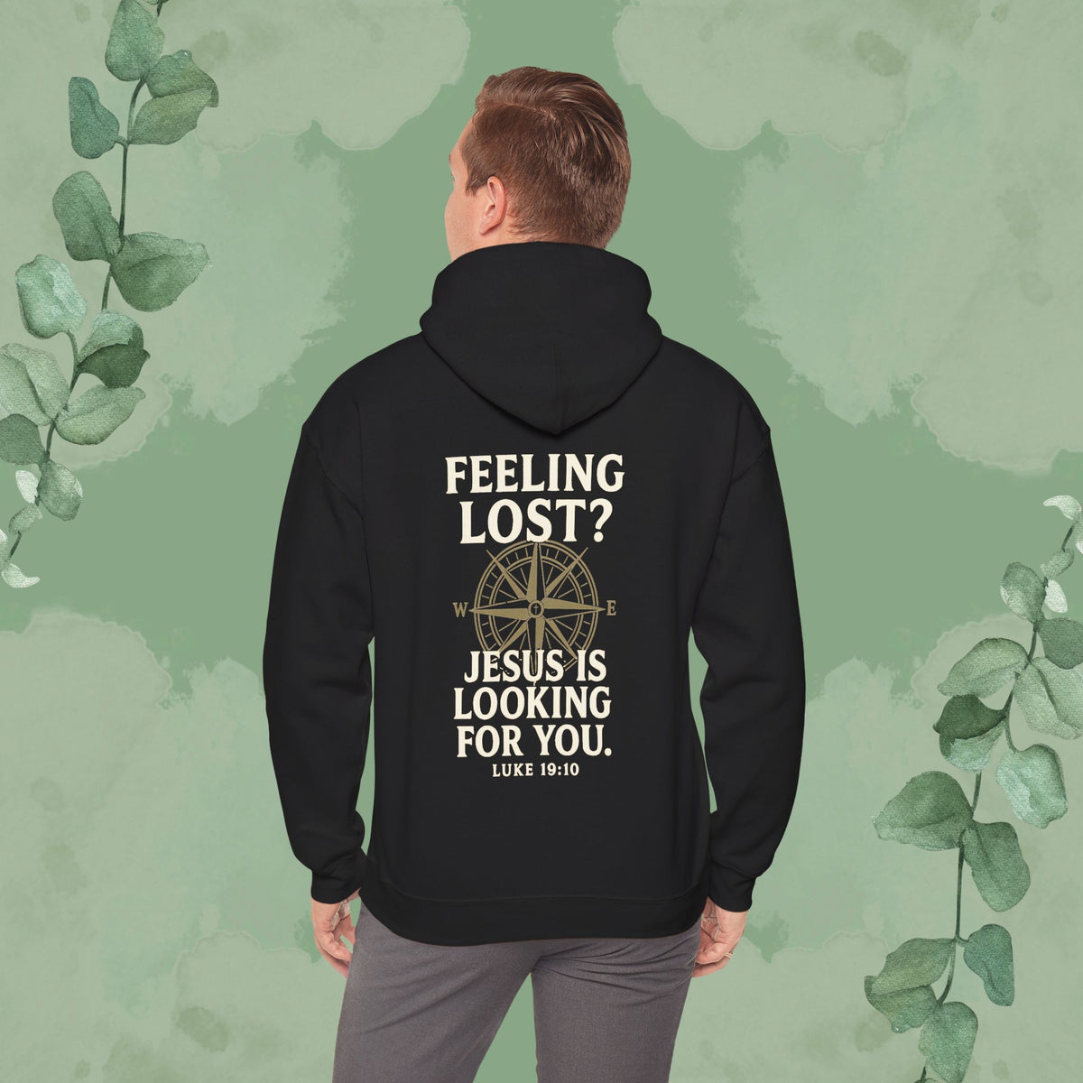Black Christian hoodie with “Feeling Lost? Jesus Is Looking for You” Luke 19:10 design
