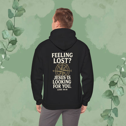 Black Christian hoodie with “Feeling Lost? Jesus Is Looking for You” Luke 19:10 design