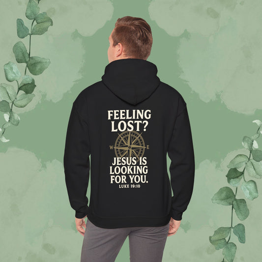 Black Christian hoodie with “Feeling Lost? Jesus Is Looking for You” Luke 19:10 design