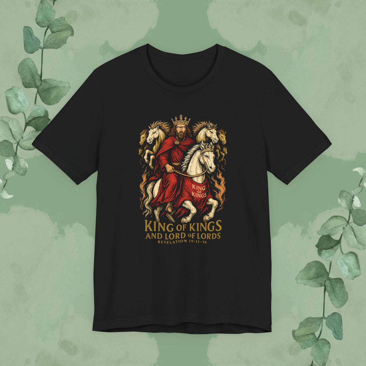 Black Christian T-shirt with “King of Kings” Revelation 19:11–16 design