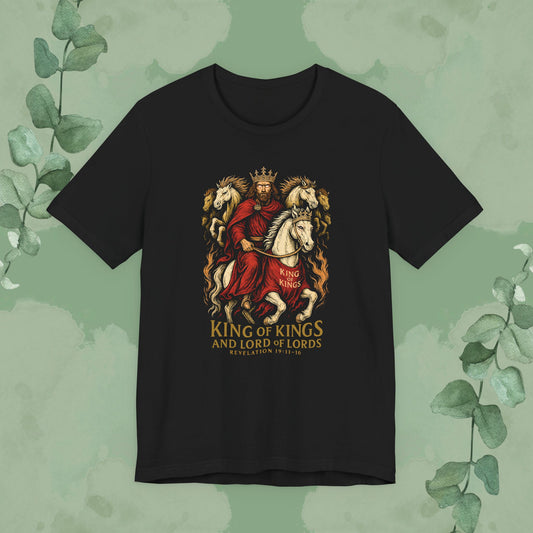 Black Christian T-shirt with “King of Kings” Revelation 19:11–16 design