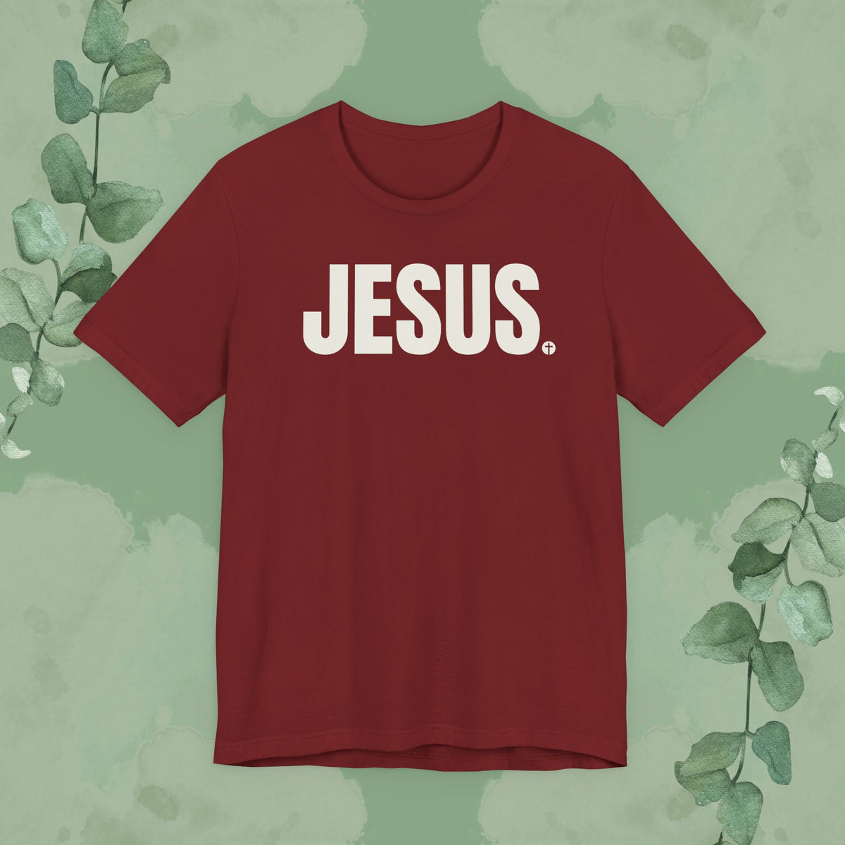 Cardinal Christian T-shirt with bold “JESUS.” cross design