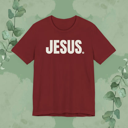 Cardinal Christian T-shirt with bold “JESUS.” cross design