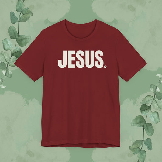 Cardinal Christian T-shirt with bold “JESUS.” cross design