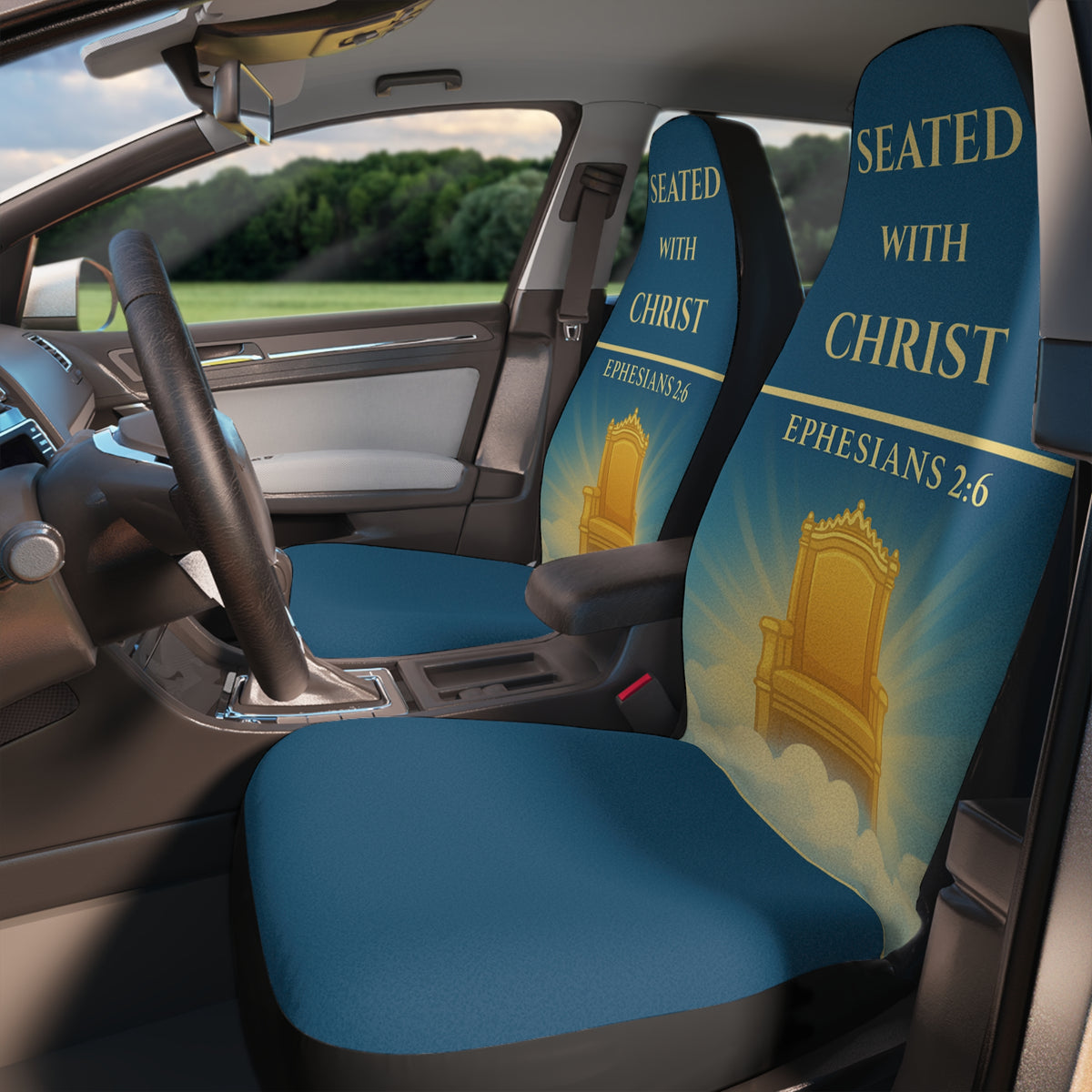 Christian car seat covers inspired by Ephesians 2:6 with “Seated With Christ” design