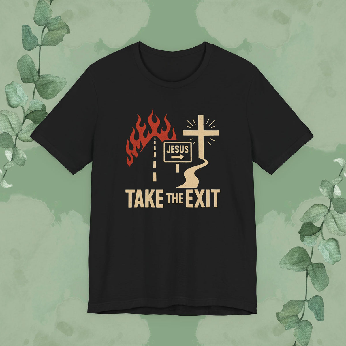 Black Christian T-shirt with “Take the Exit” evangelistic design