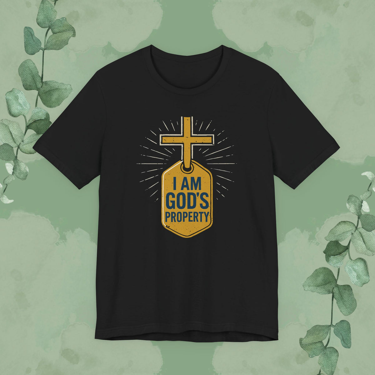 Black Christian T-shirt with “I Am God’s Property” bold faith design