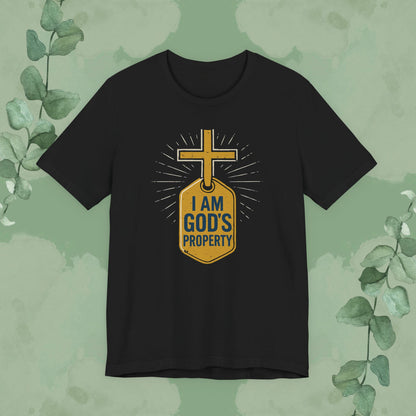Black Christian T-shirt with “I Am God’s Property” bold faith design