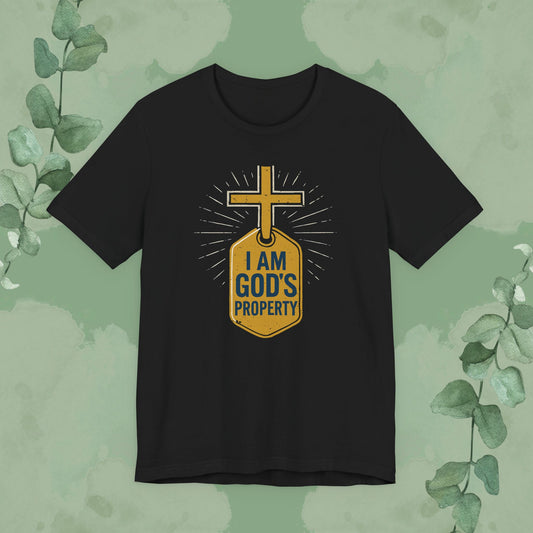 Black Christian T-shirt with “I Am God’s Property” bold faith design