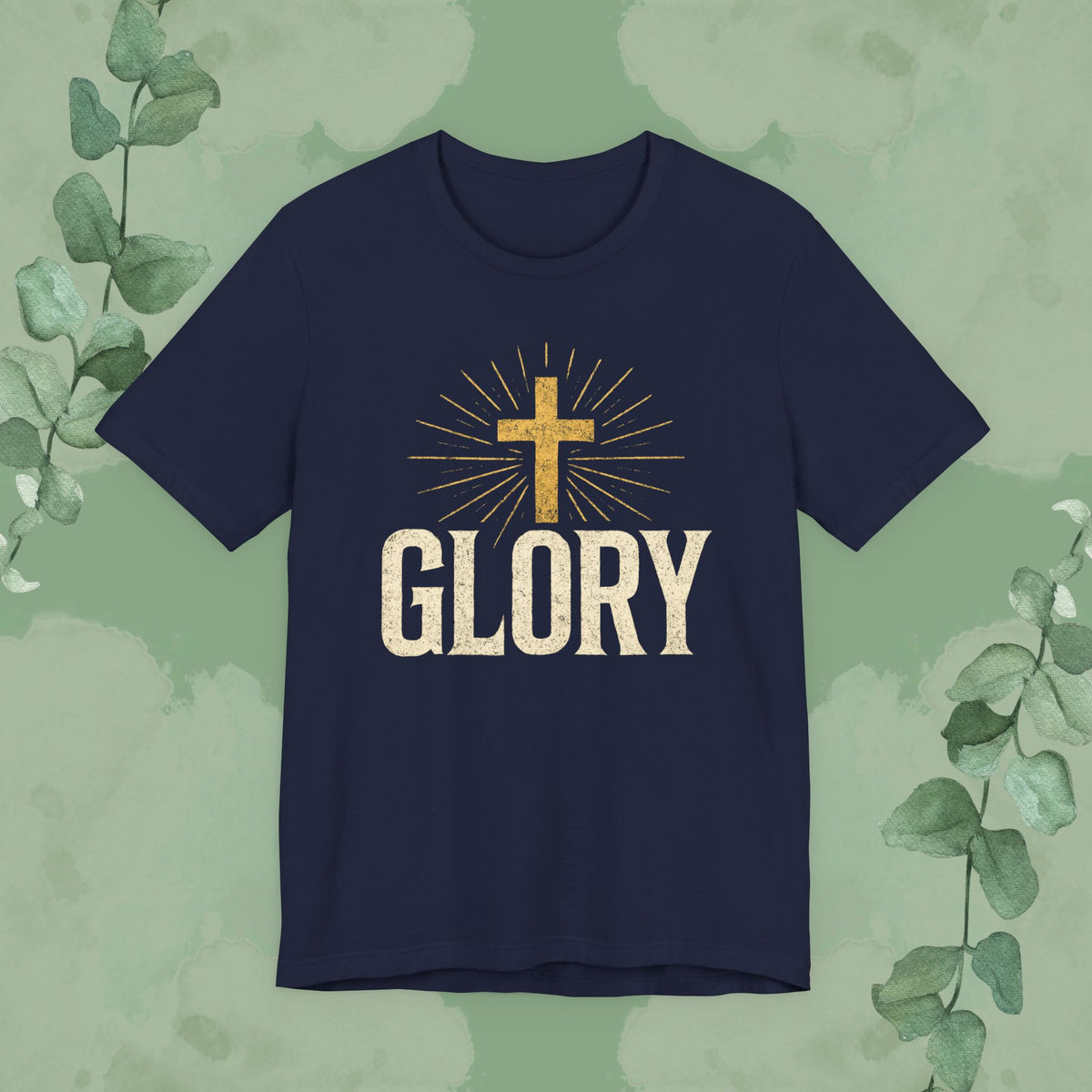 Navy Christian T-shirt with “GLORY” radiant cross design