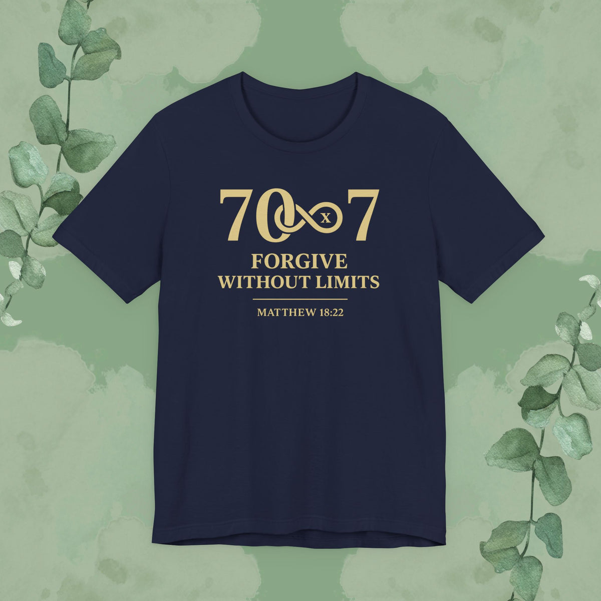 Navy Christian T-shirt with “70×7 – Forgive Without Limits” biblical forgiveness design