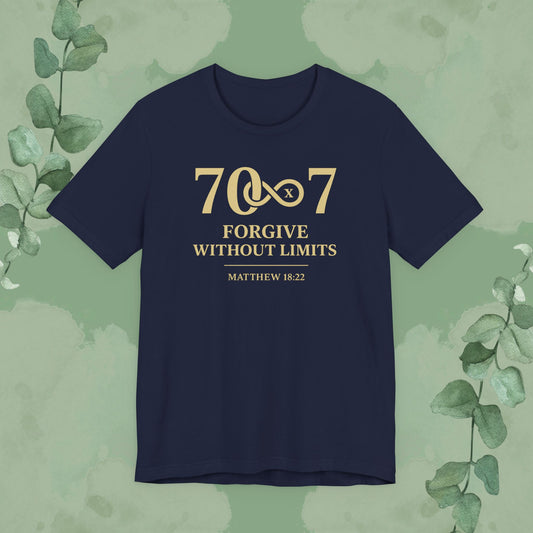 Navy Christian T-shirt with “70×7 – Forgive Without Limits” biblical forgiveness design