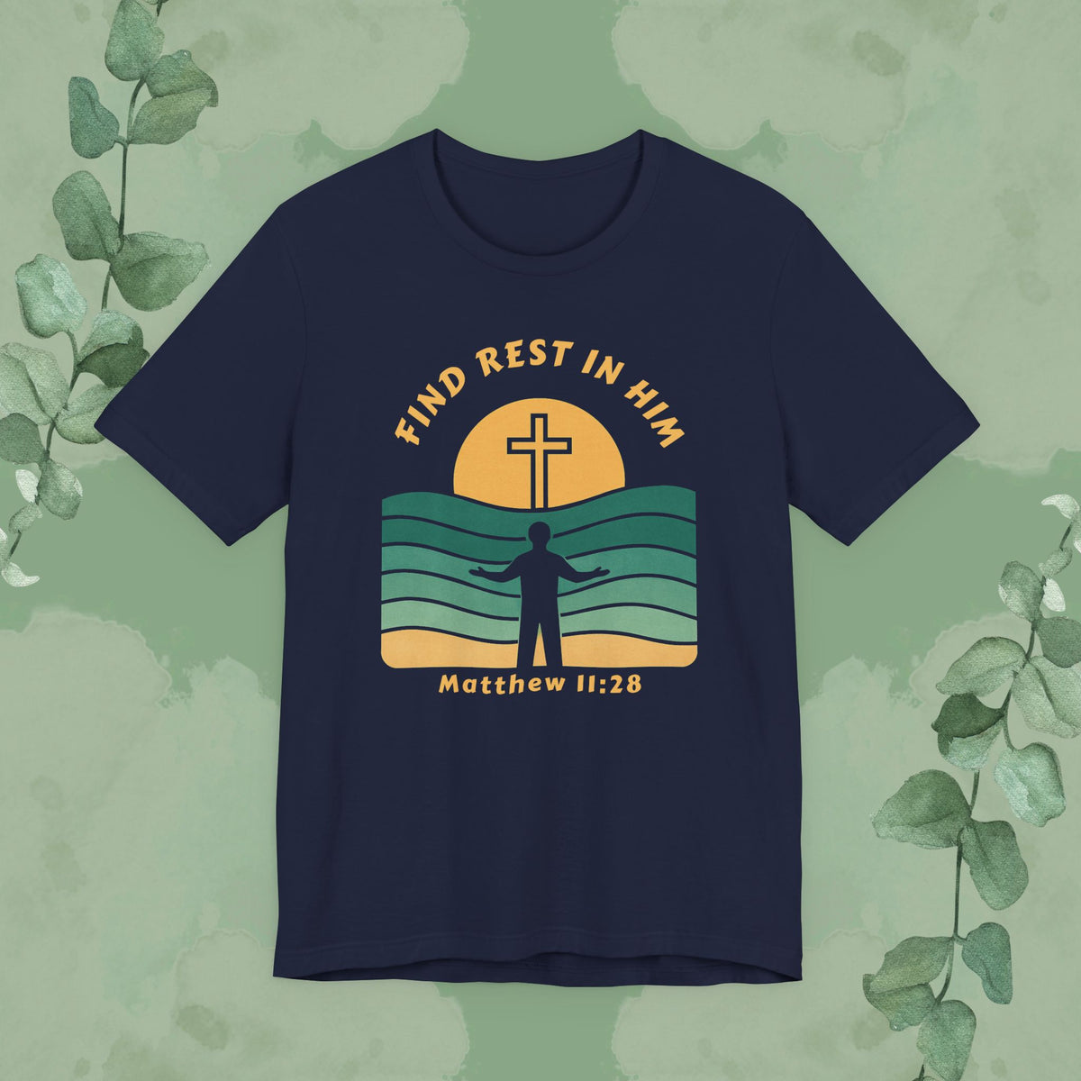 Navy Christian T-shirt with “Find Rest in Him” Matthew 11:28 design