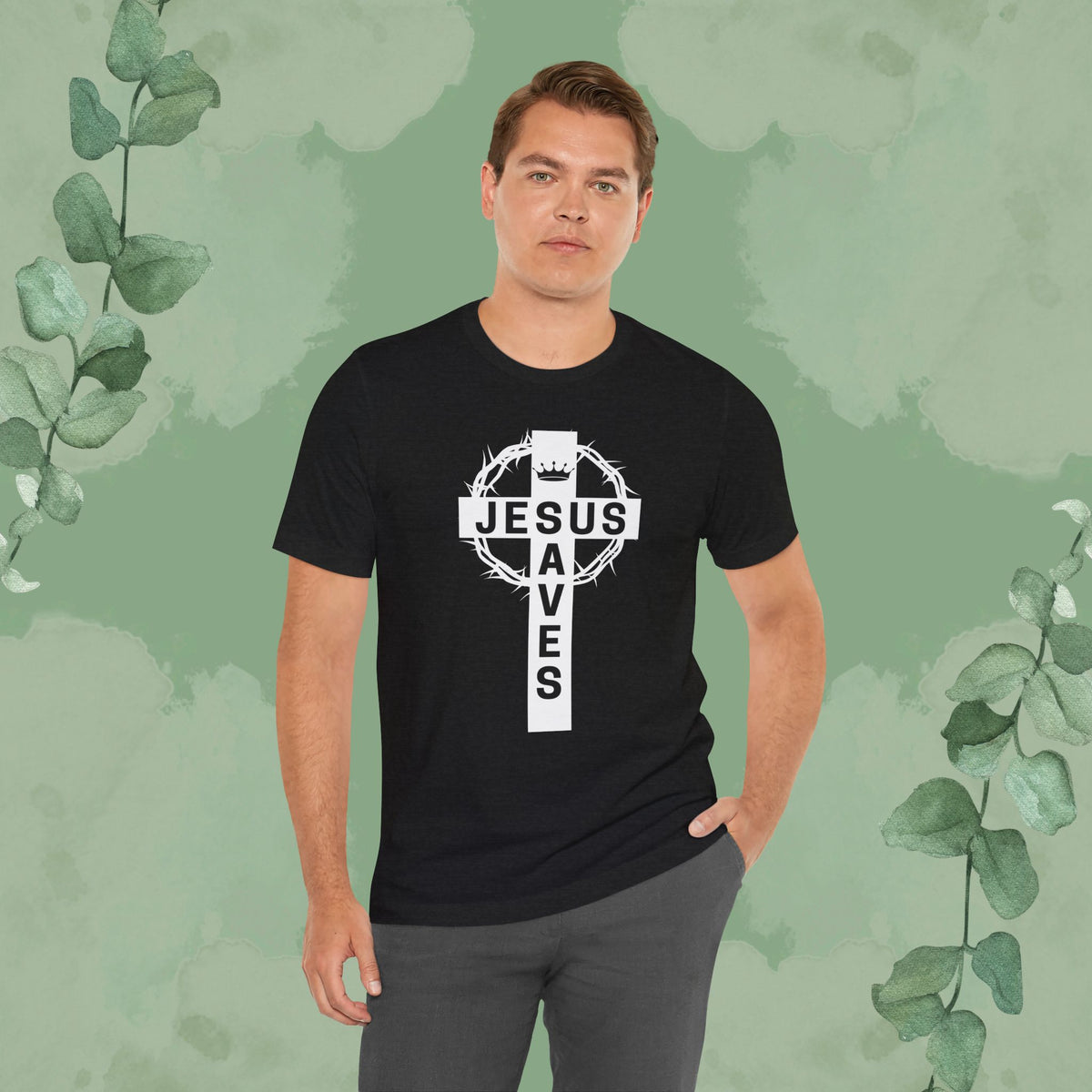 “Jesus Saves” Cross & Crown T-Shirt – Christian Message of Sacrifice and Victory