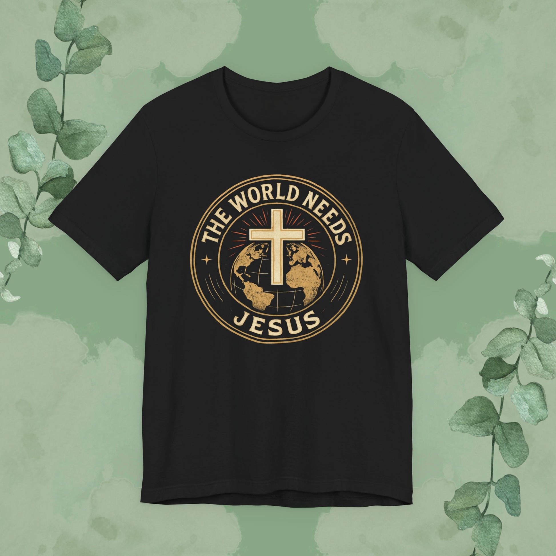Black Christian T-shirt with “The World Needs Jesus” design