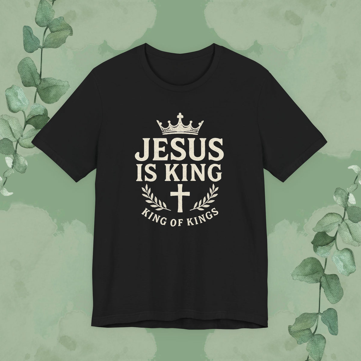 Black Christian T-shirt with “Jesus Is King – King of Kings” crown and cross design