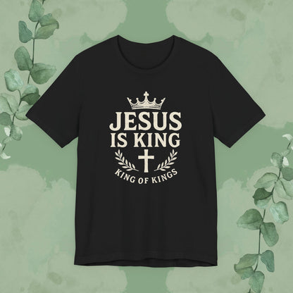 Black Christian T-shirt with “Jesus Is King – King of Kings” crown and cross design