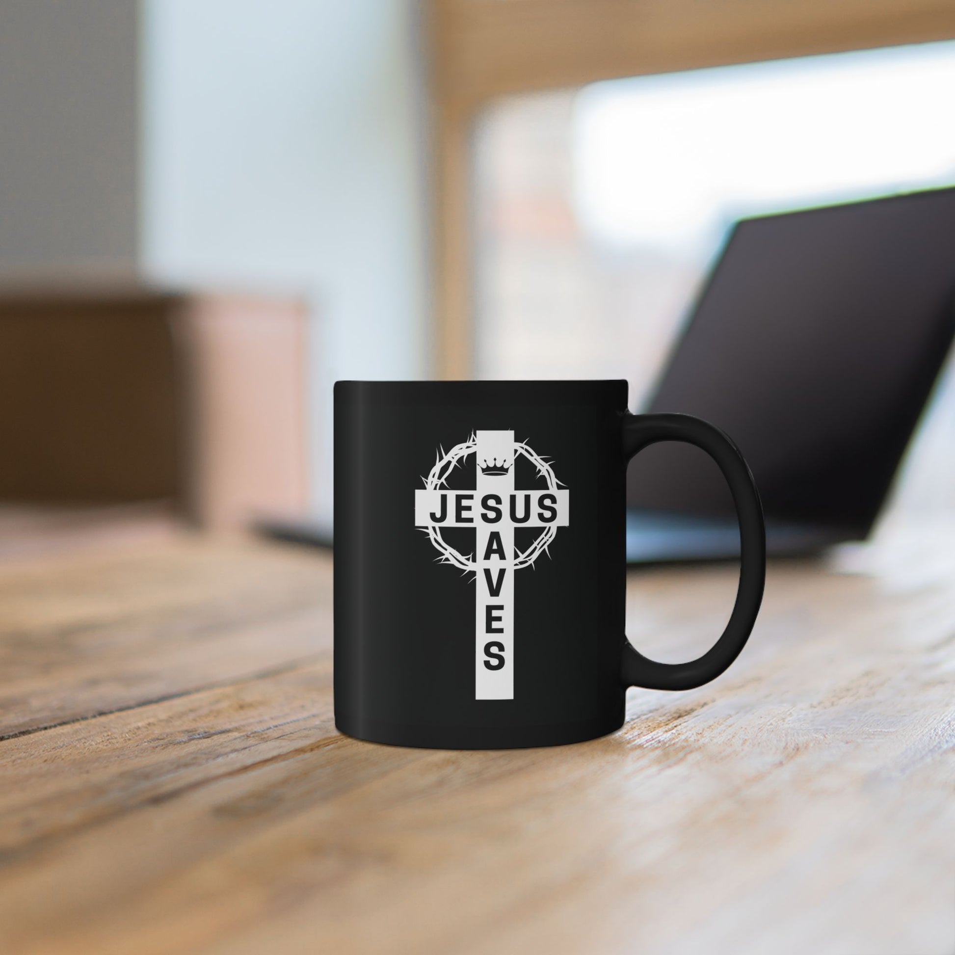 Black Christian mug with “Jesus Saves” cross design