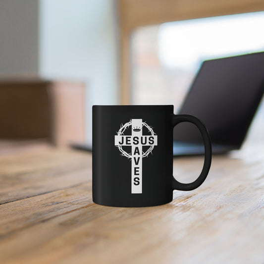 Black Christian mug with “Jesus Saves” cross design