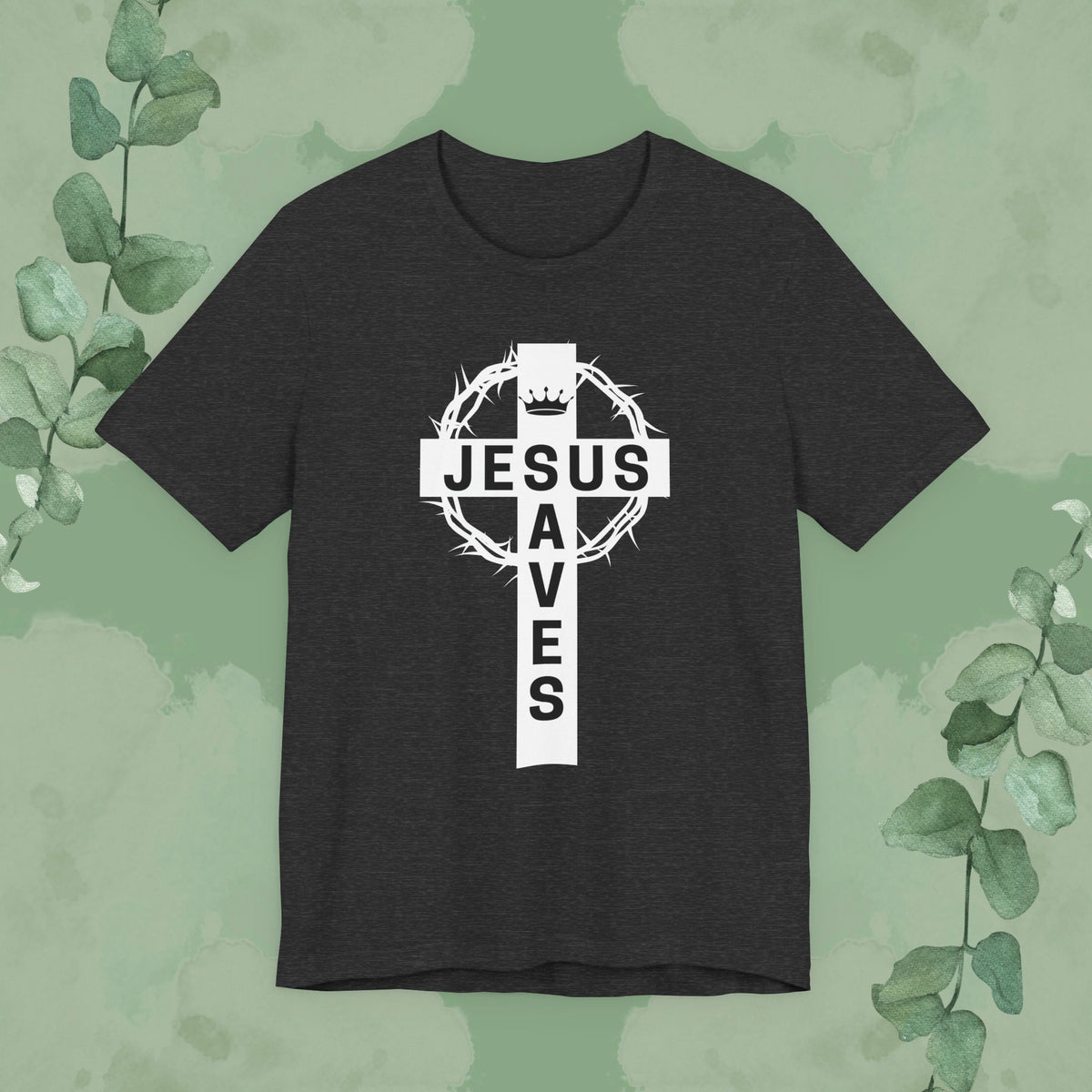 “Jesus Saves” Cross & Crown T-Shirt – Christian Message of Sacrifice and Victory