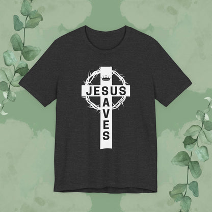 “Jesus Saves” Cross & Crown T-Shirt – Christian Message of Sacrifice and Victory
