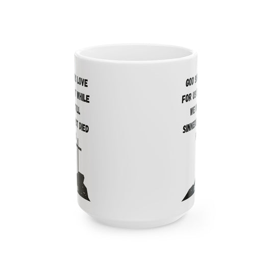 Romans 5:8 – Christ Died for Us Mug (White Ceramic Scripture Coffee Cup)