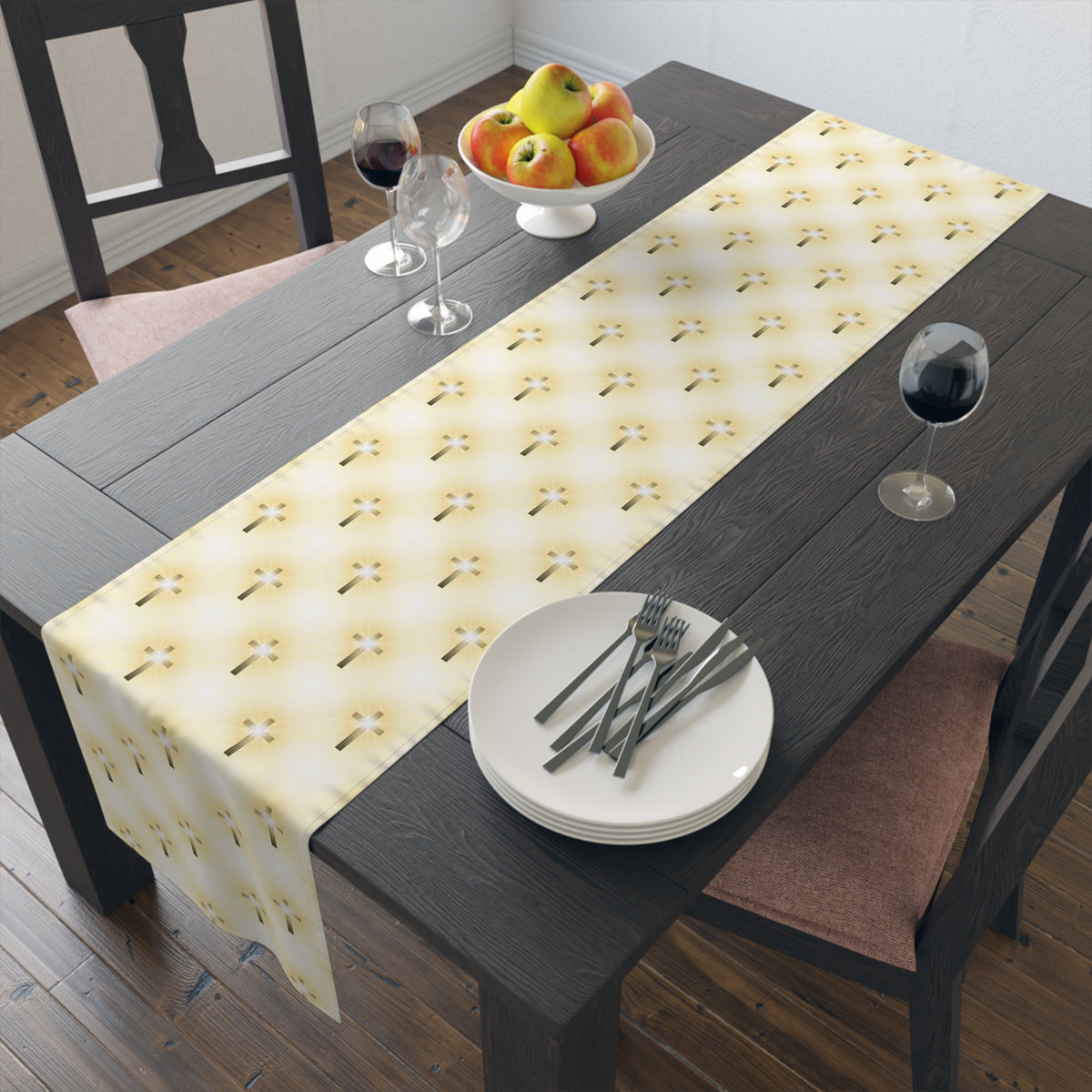 Christian table runner with elegant glorious cross pattern