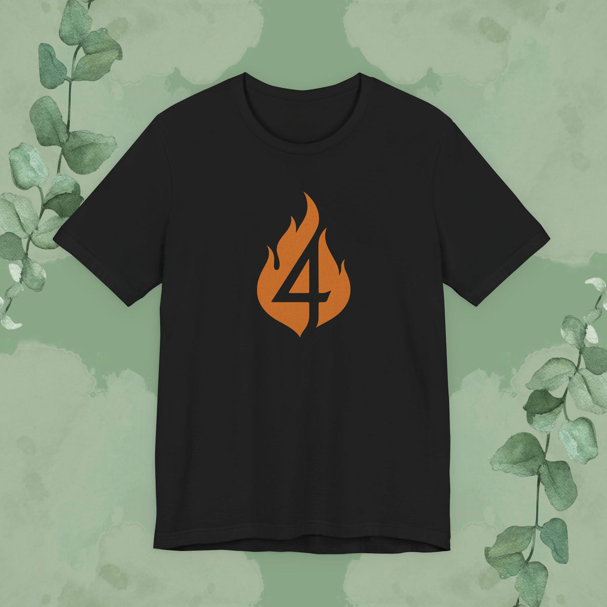 Black Christian T-shirt with “4 in the Fire” design inspired by the biblical fiery furnace