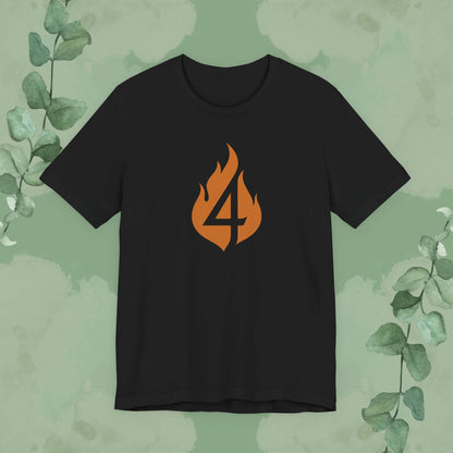Black Christian T-shirt with “4 in the Fire” design inspired by the biblical fiery furnace