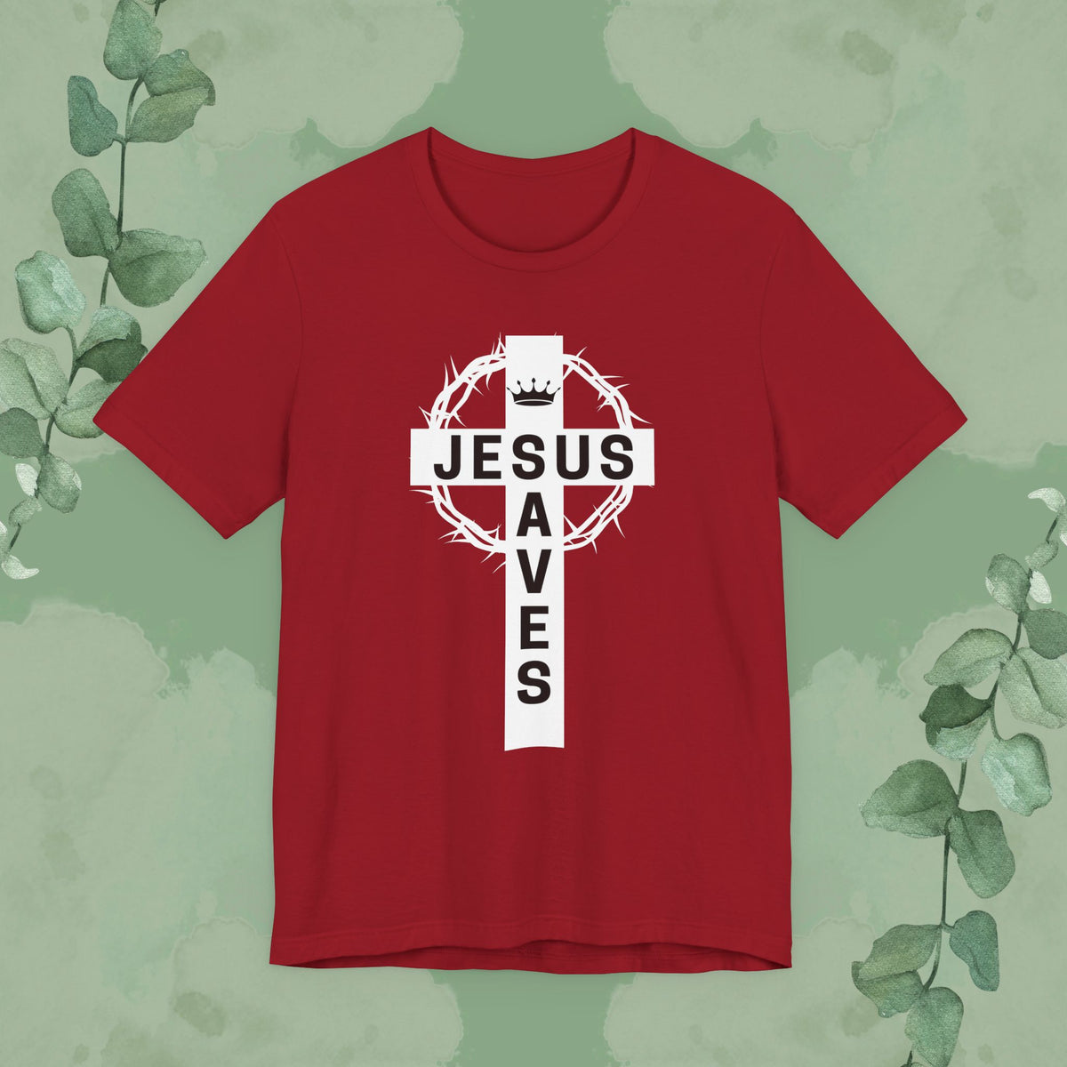“Jesus Saves” Cross & Crown T-Shirt – Christian Message of Sacrifice and Victory