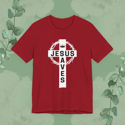 “Jesus Saves” Cross & Crown T-Shirt – Christian Message of Sacrifice and Victory
