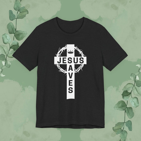 Black Christian T-shirt with “Jesus Saves” cross and crown design