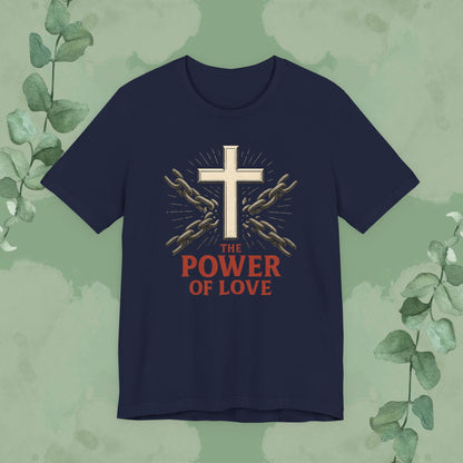 Navy Christian T-shirt with “The Power of Love” cross and chains design