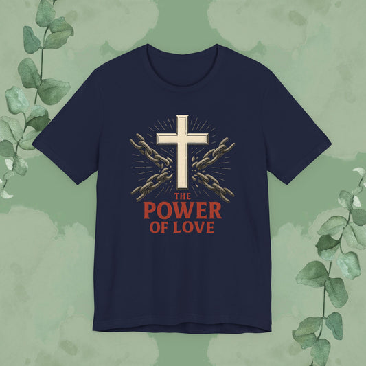 Navy Christian T-shirt with “The Power of Love” cross and chains design
